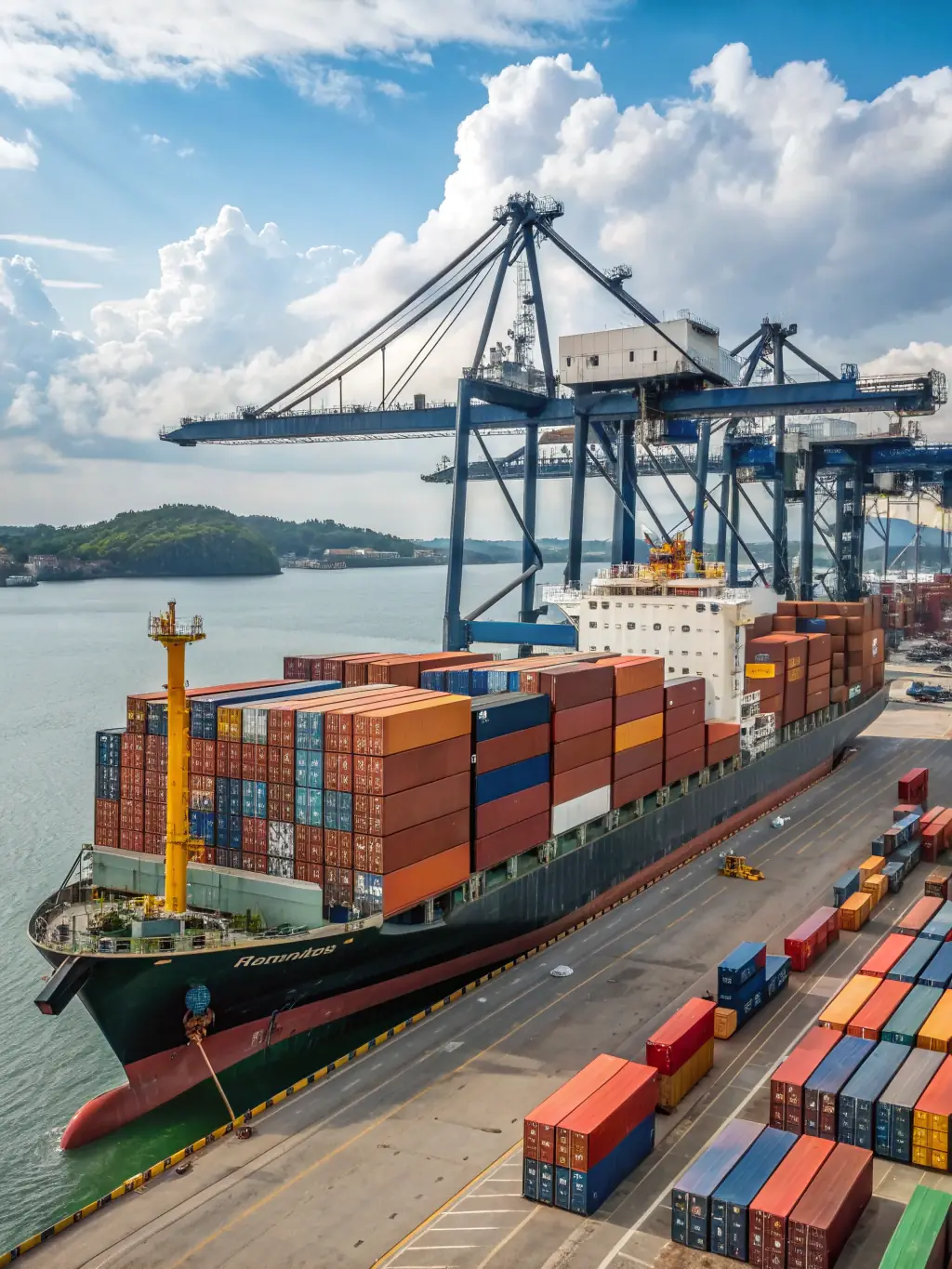 An image of a cargo ship loaded with vehicles at a port, symbolizing international vehicle export.