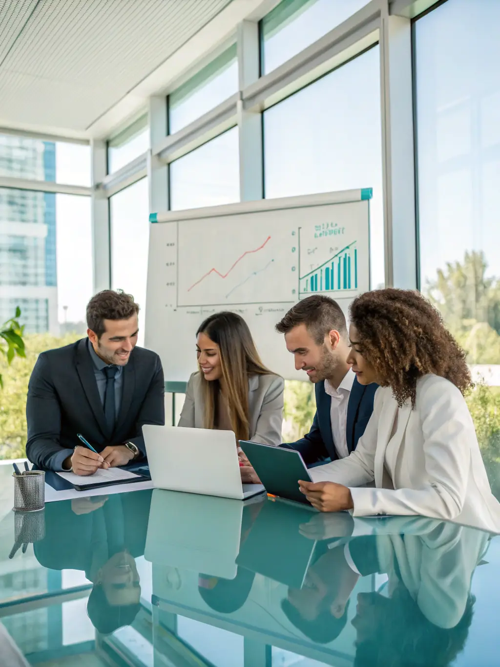 A stock photo of consultants collaborating around a table, analyzing market data and discussing strategic advisory solutions for an automotive client.