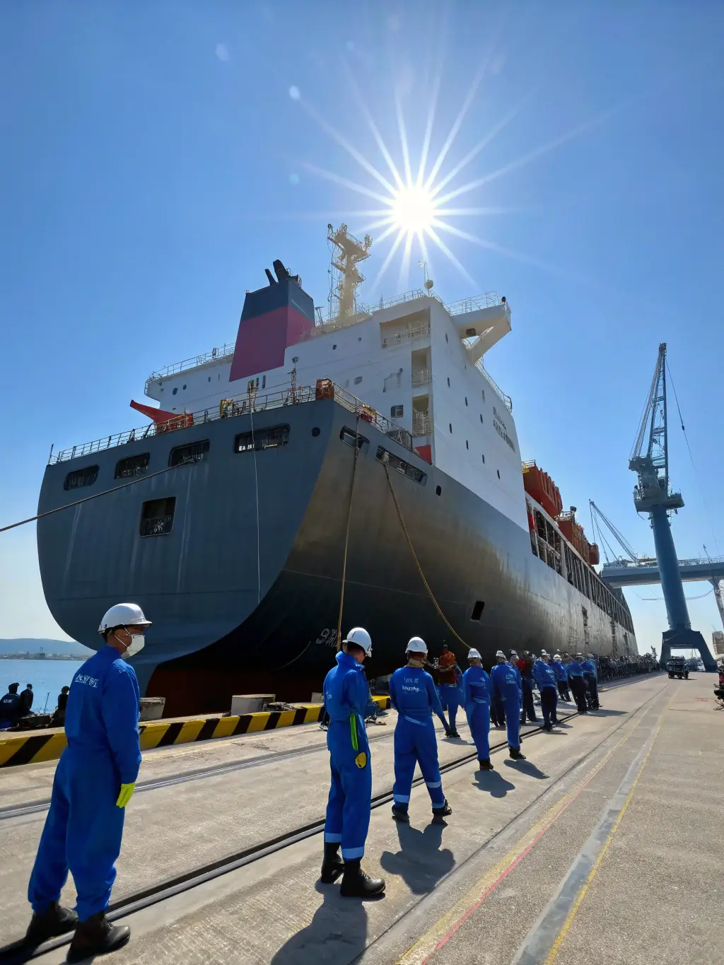 A professional photo of a cargo ship being loaded with cars, symbolizing the streamlined vehicle export process offered by Knot Service LLC.