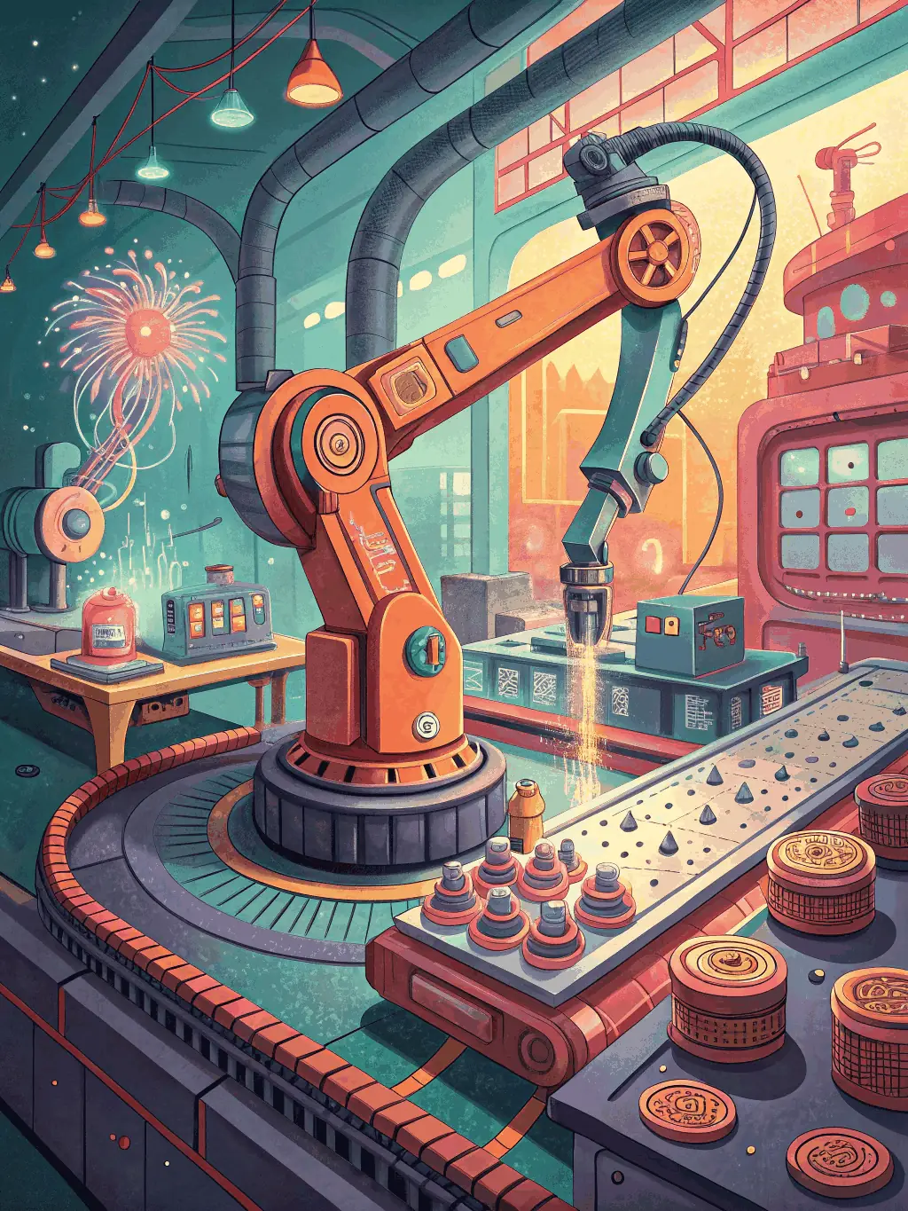 A futuristic image of AI algorithms automating processes in an automotive factory, representing the AI-driven automation services of Knot Service LLC.