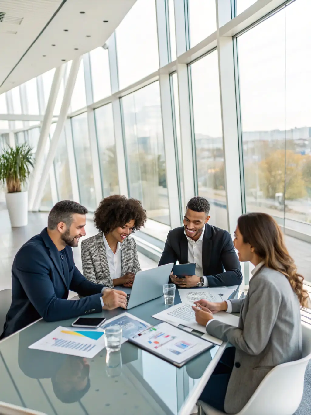A team of consultants analyzing market data and discussing strategies around a conference table.